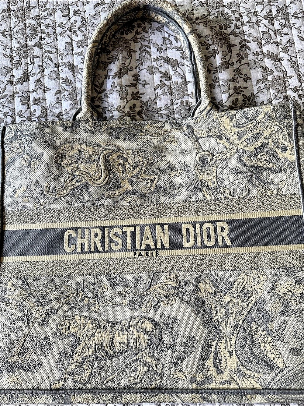 Christian Dior Book Tote Toile de Jouy Embroidered Tote in Gray & Beige